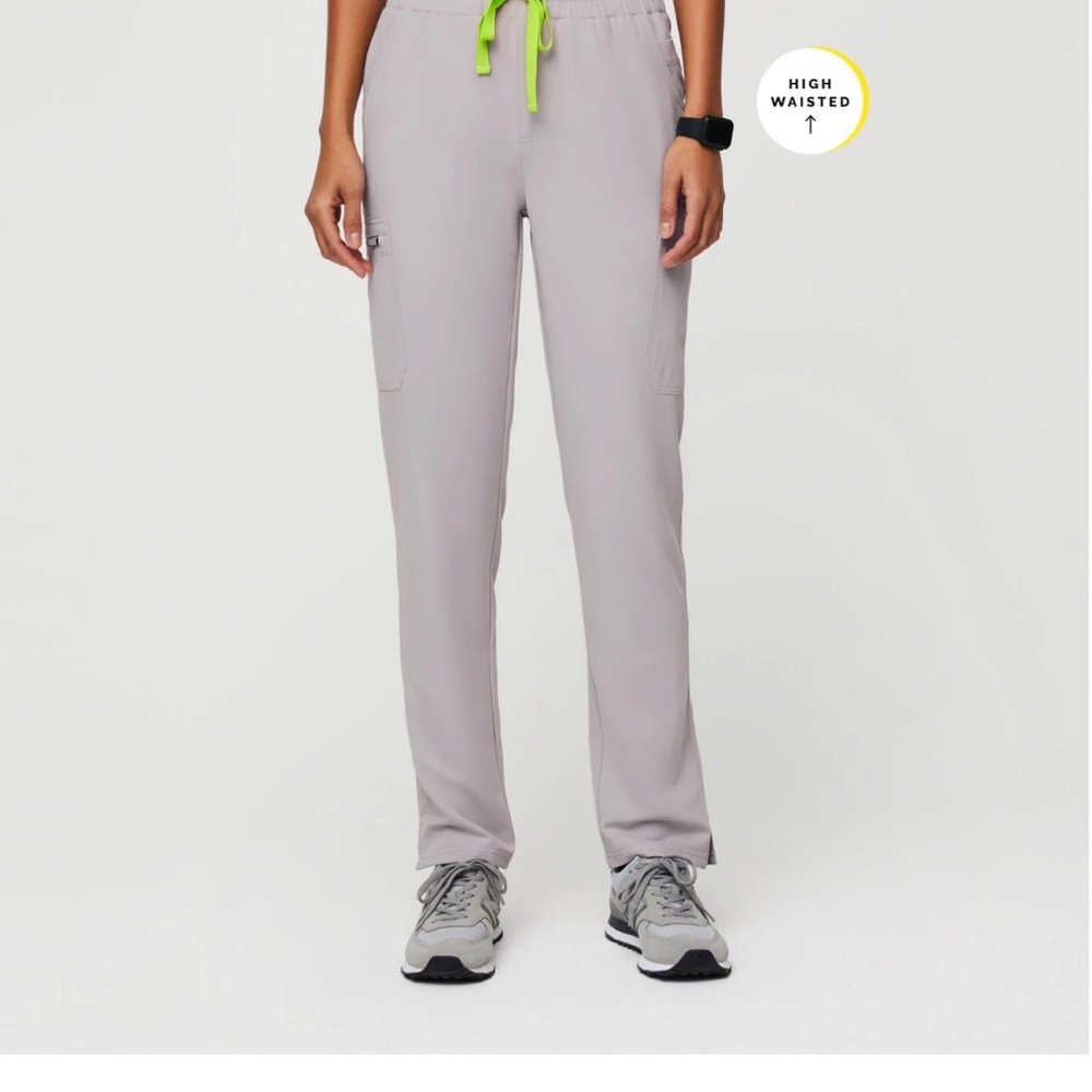 Figs Women's Gray Scrub Pants with Neon Green Drawstring
